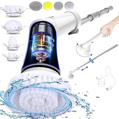 UBeesize Electric Spin Scrubber,Long Cordless Cleaning Brush,Rotatable Shower Scrubber with 8 Replaceable Heads,Adjustable Detachable Handle Bathroom