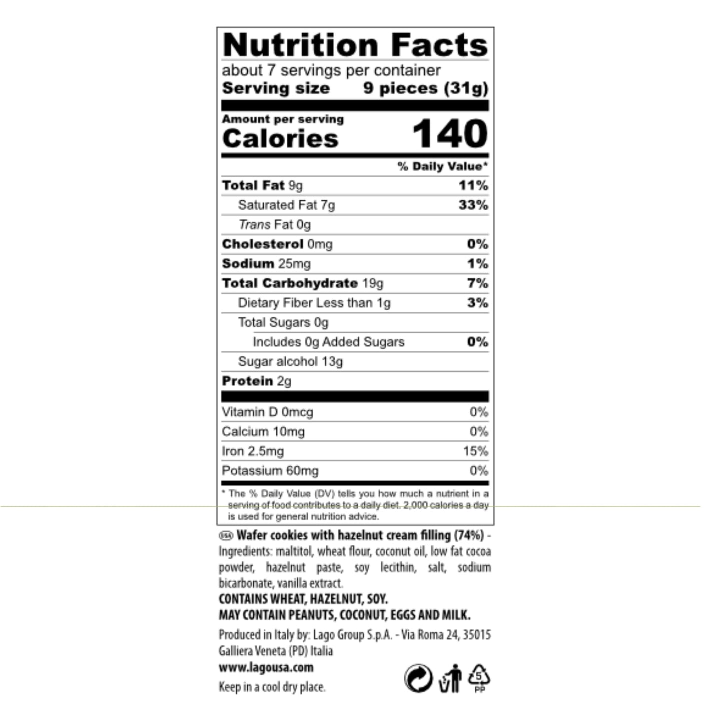 Gastone Lago Party Wafers Cookies, Hazelnut Sugar Free - 7.5 oz Each (2-Pack) | Italian Crispy Wafer Cookies with Creamy Hazelnut Filling