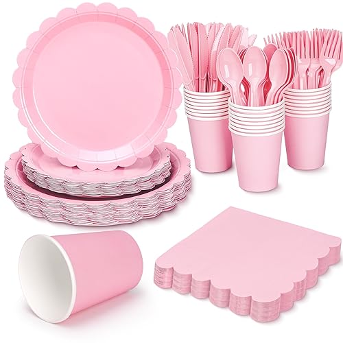 168 Pcs Pink Paper Plates and Napkins, Light Pink Party Supplies Include Scalloped Plate Napkins Cups Forks Knives Disposable Plastic Cutlery