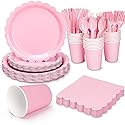 168 Pcs Pink Paper Plates and Napkins, Light Pink Party Supplies Include Scalloped Plate Napkins Cups Forks Knives Disposable Plastic Cutlery