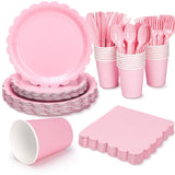 168 Pcs Pink Paper Plates and Napkins, Light Pink Party Supplies Include Scalloped Plate Napkins Cups Forks Knives Disposable Plastic Cutlery