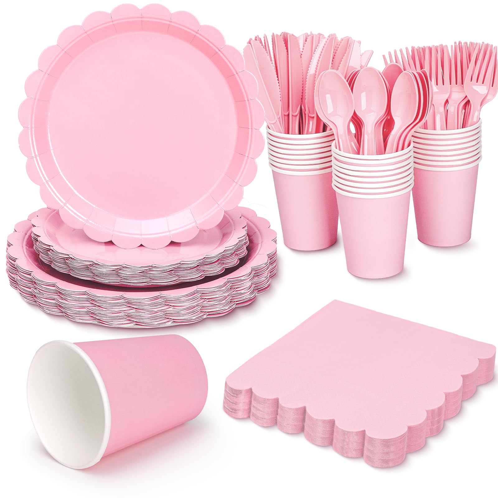 168 Pcs Pink Paper Plates and Napkins, Light Pink Party Supplies Include Scalloped Plate Napkins Cups Forks Knives Disposable Plastic Cutlery