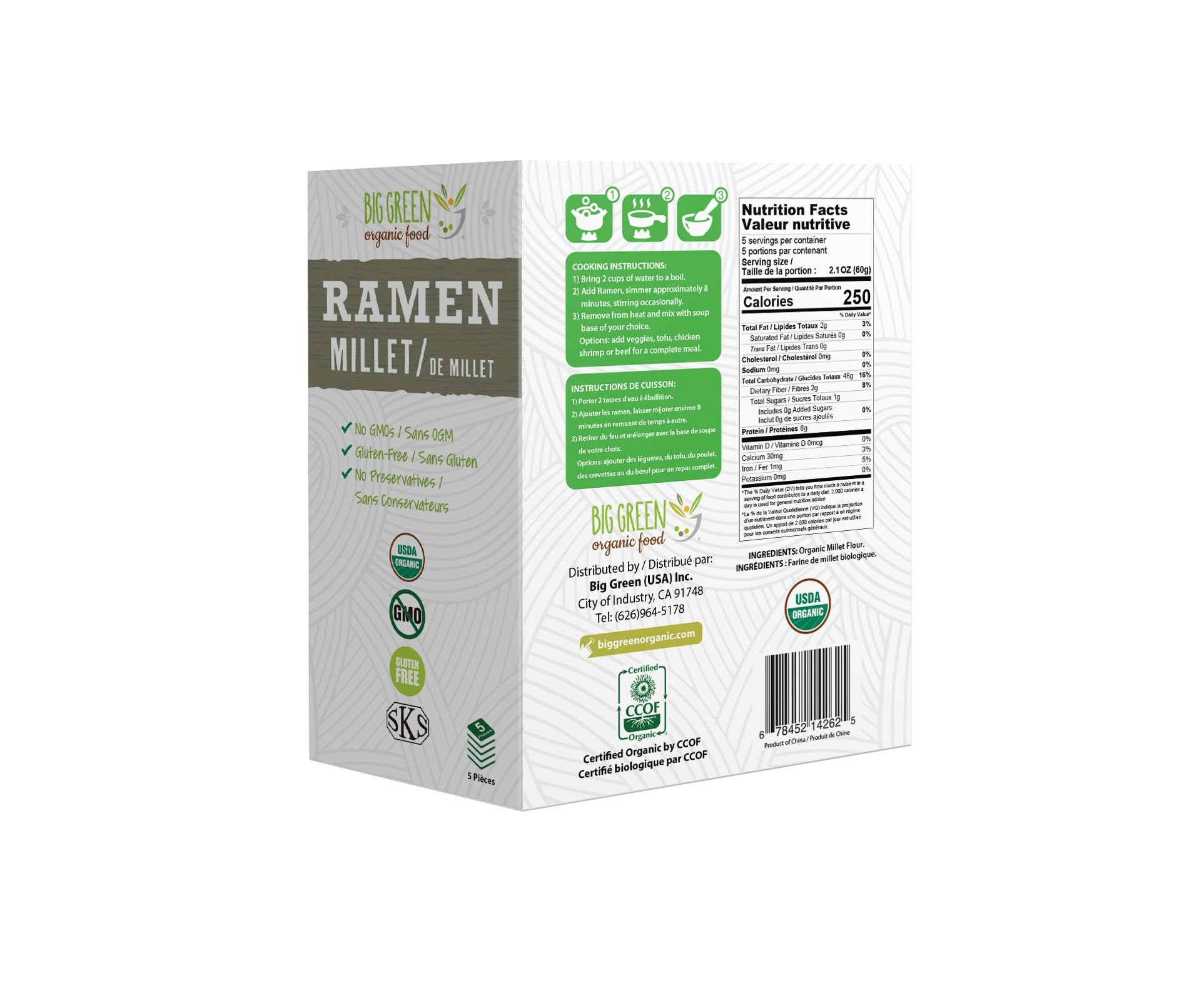 Big Green Organic Food- Organic Millet Ramen, Gluten-Free, Lectin-Free, Non-GMO, Vegan, Wheat and Rice Alternative (2.11 Ounce (5 Pieces))
