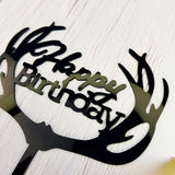 Antlers Happy Birthday Cake Topper Party Decorations (Black Acrylic)