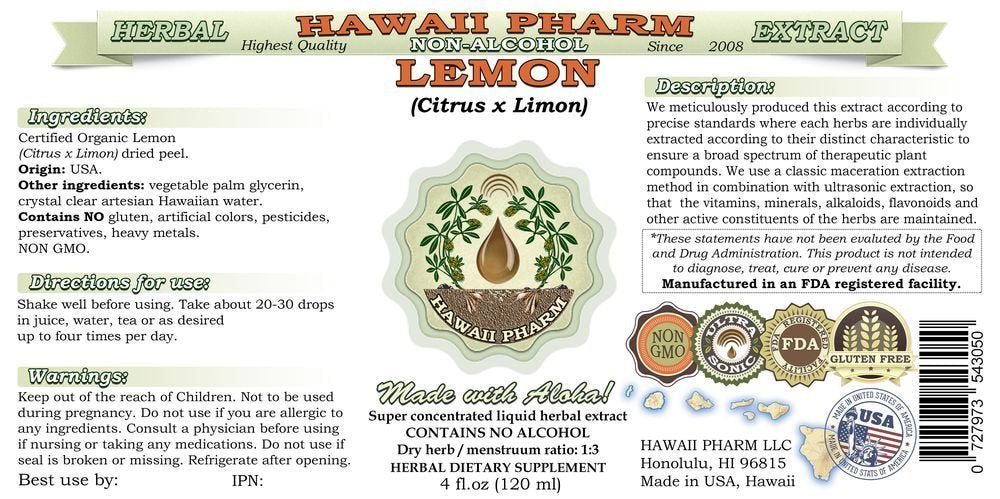 Lemon Alcohol-Free Liquid Extract, Lemon (Citrus x Limon) Dried Peel Glycerite Hawaii Pharm Natural Herbal Supplement 2x4 oz