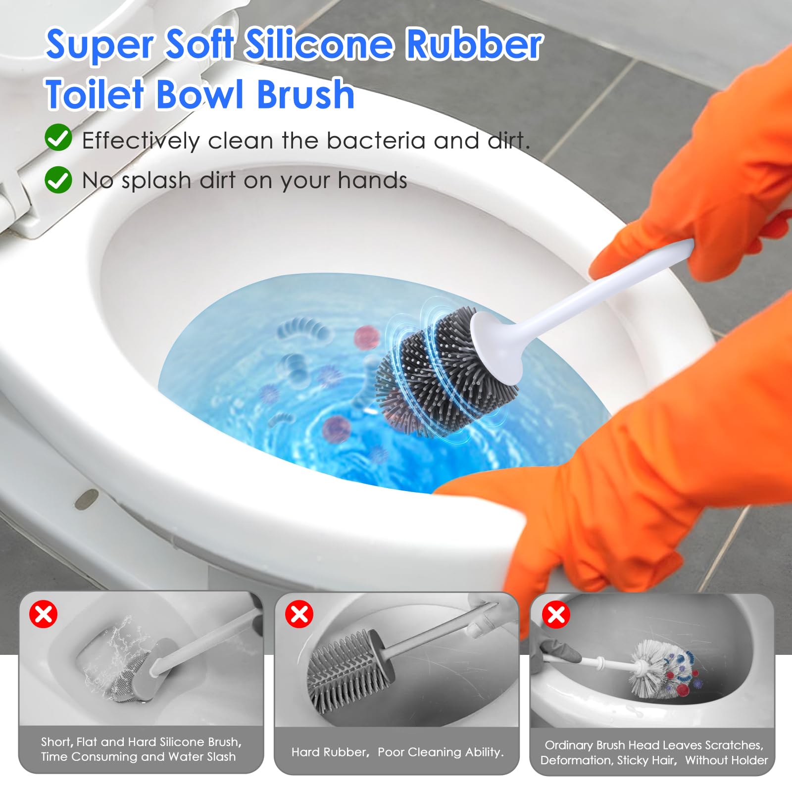 Cenivi Silicone Toilet Brush with Ventilated Holder Set, Rubber Bristles Brush Head, Bathroom Accessories Toilet Bowl Scrubber Cleanner, Freestanding