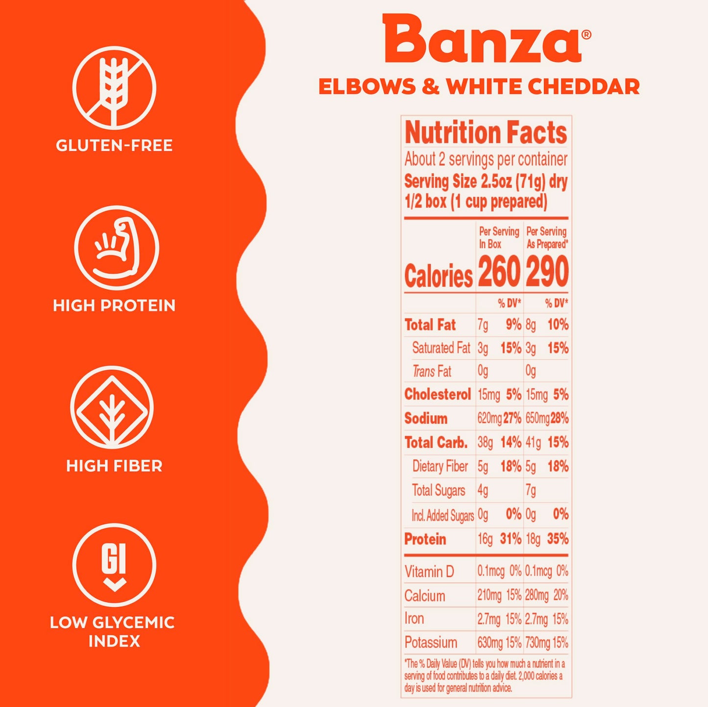Banza Elbows & White Cheddar Mac and Cheese - High Protein, Gluten Free, and Lower Carb Protein Mac and Cheese - 5.5oz