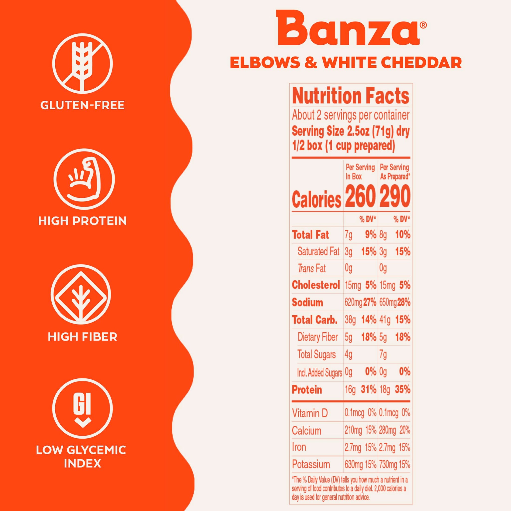 Banza Elbows & White Cheddar Mac and Cheese - High Protein, Gluten Free, and Lower Carb Protein Mac and Cheese - 5.5oz