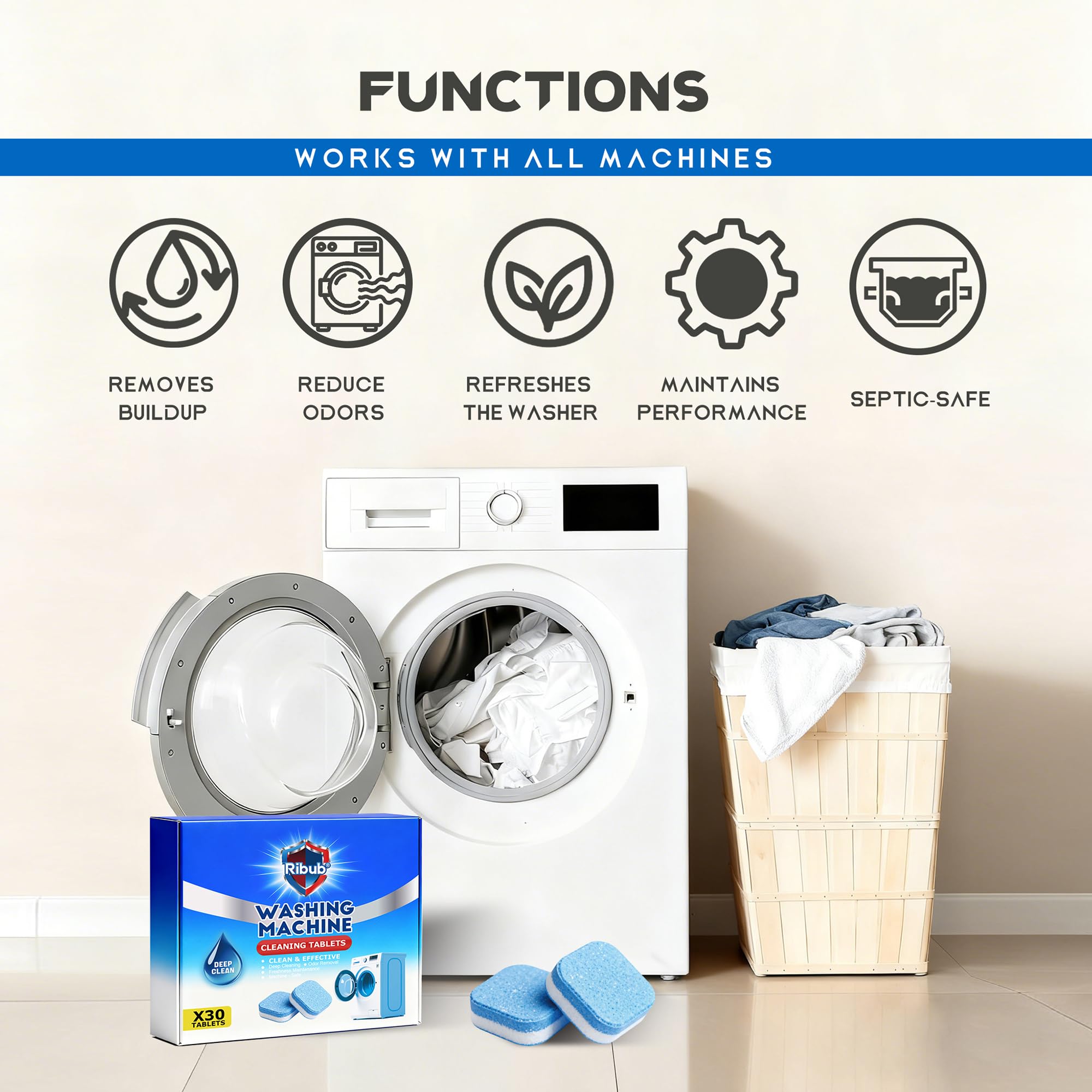 Ribub Washing Machine Cleaner Tablets, 30 Pack Deep Cleaning for HE & Top Load Washers, Septic Safe, Helps Reduce Odor-Causing Residue, Supports Drum