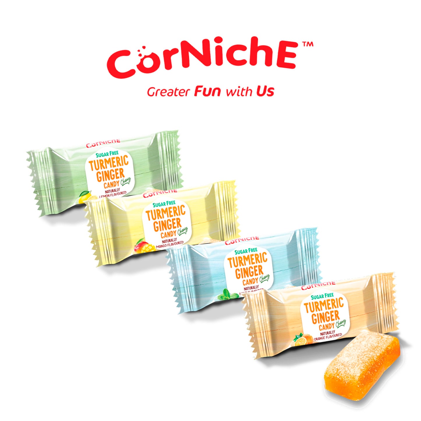CORNICHE Sugar Free, Turmeric Ginger Candy Chewy, 4 Flavor Mix "Orange, Lemon, Mint And Mango". (Pack of 1)
