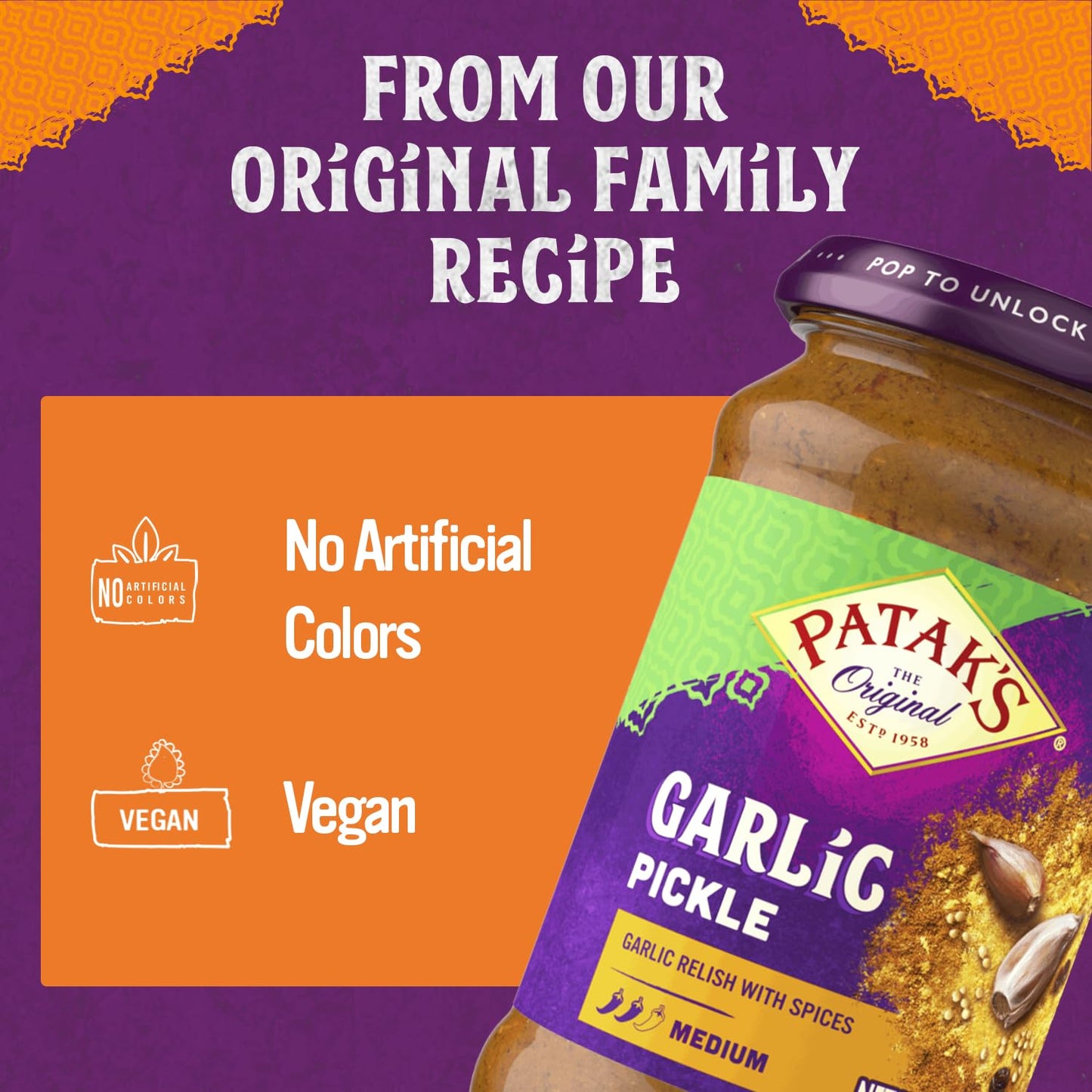 Patak’s Garlic Pickle - Authentic Indian Relish w/Garlic Cloves, Raisins & Aromatic Spices - Perfect for Sandwiches, Curries & Cold Meats - Vegan
