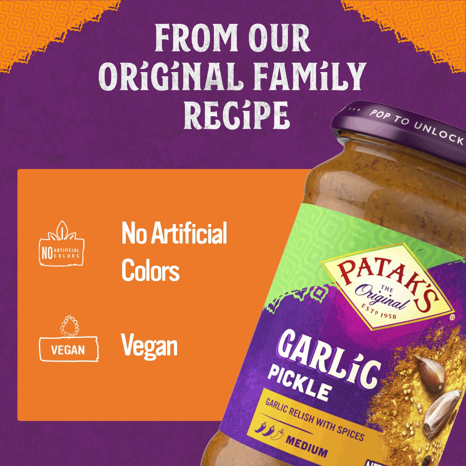 Patak’s Garlic Pickle - Authentic Indian Relish w/Garlic Cloves, Raisins & Aromatic Spices - Perfect for Sandwiches, Curries & Cold Meats - Vegan
