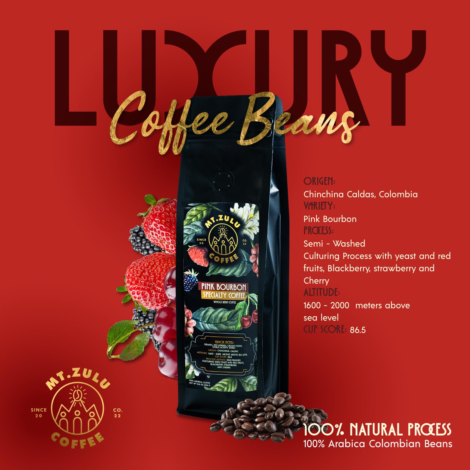 Mt. Zulu Pink Bourbon Beans - Fermented with Strawberry, Cherry & Blackberry | Specialty Colombian Coffee | Fruity Cup | 8.8 oz bag