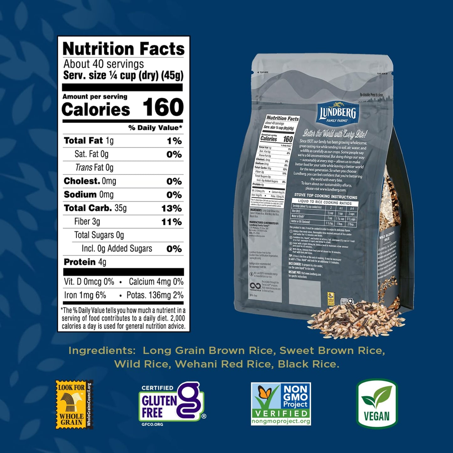 Lundberg Wild Blend Rice - Long-Grain Brown, Sweet Brown, Red & Black Rice, Certified Gluten-Free Whole Grains, 16 Oz
