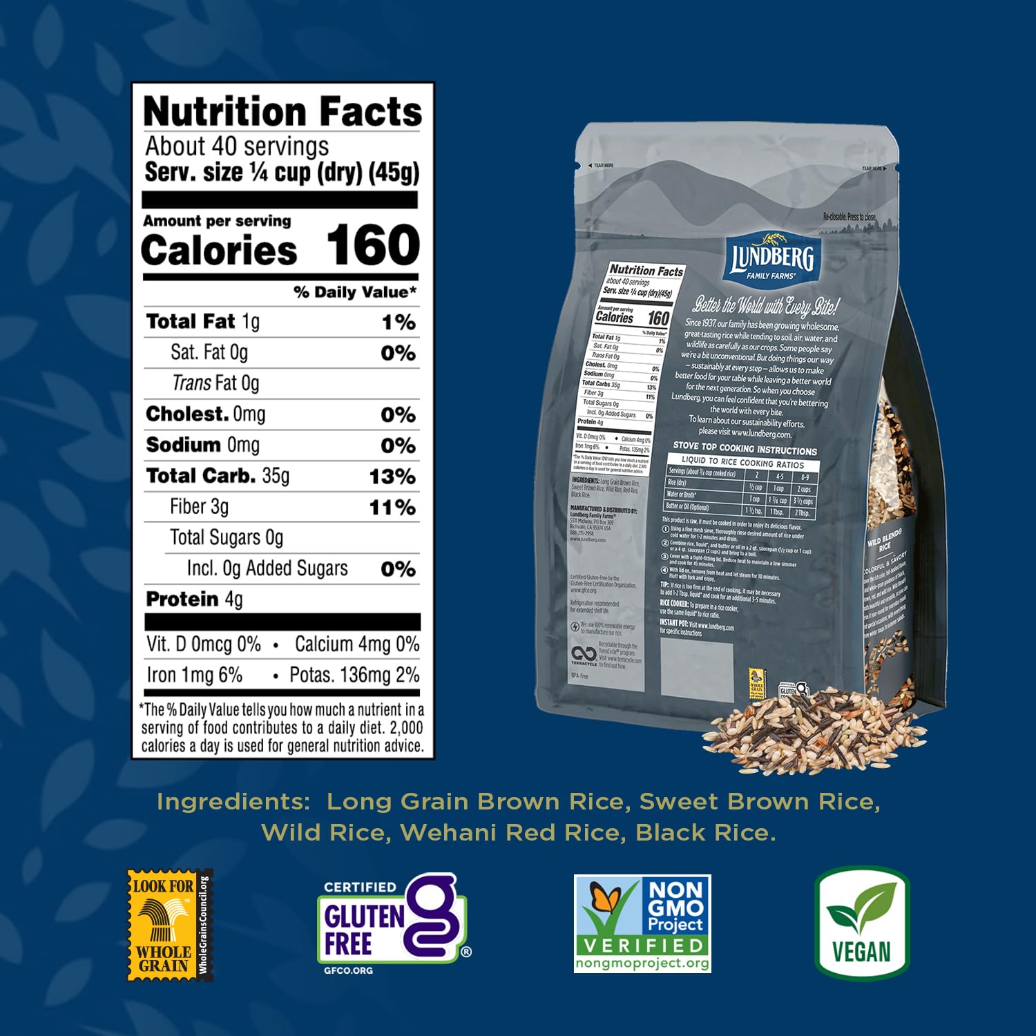 Lundberg Wild Blend Rice - Long-Grain Brown, Sweet Brown, Red & Black Rice, Certified Gluten-Free Whole Grains, 16 Oz