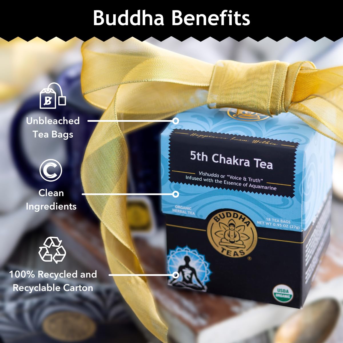 Buddha Teas - 5th Chakra Tea - Organic Herbal Tea - For Communication, Creativity & Self-Expression - With Licorice, Cinnamon & Aquamarine Essence