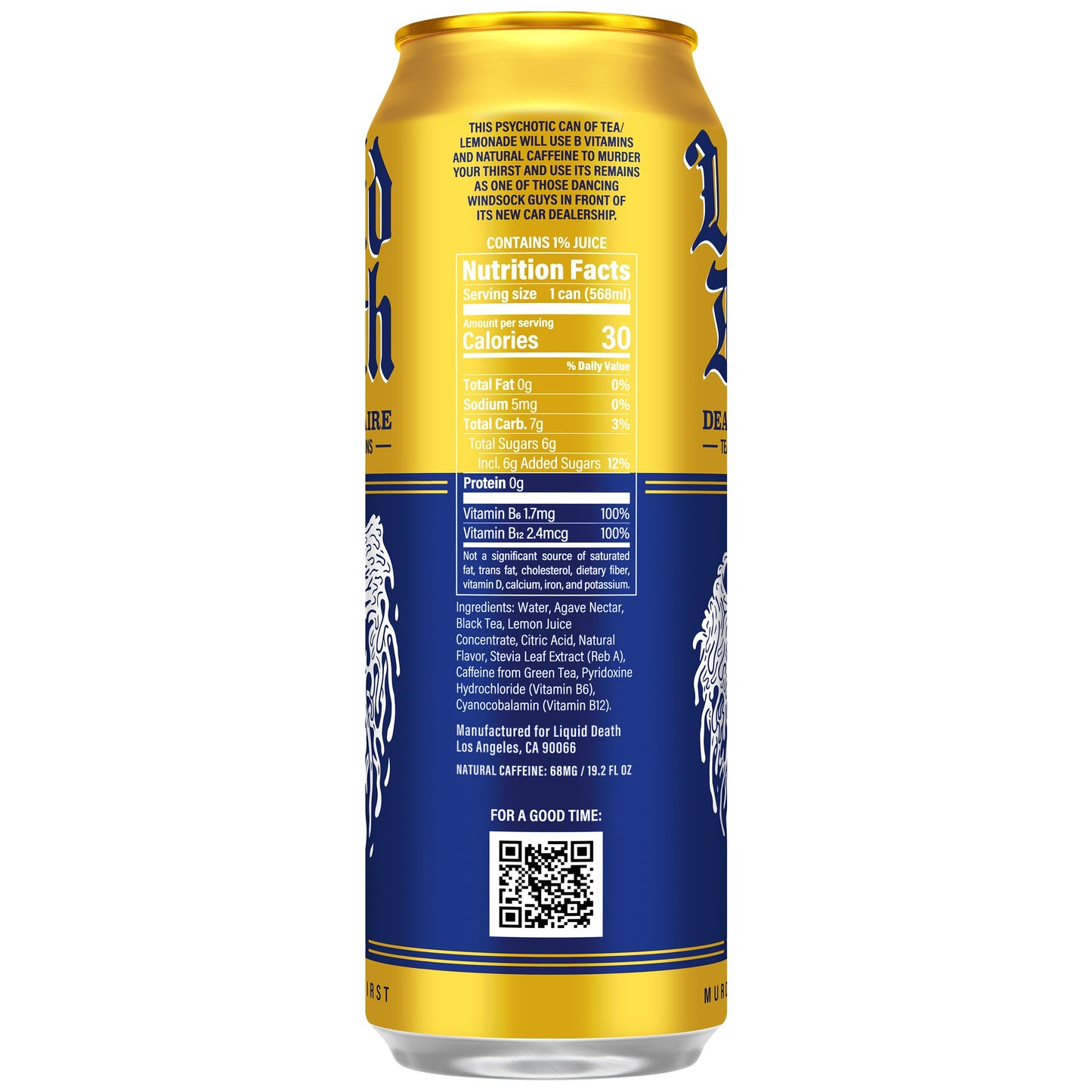 Liquid Death Iced Tea - Dead Billionaire (Black Tea/Lemonade), Less Sugar*, Boost of Caffeine, B Vitamins, No Artificial Sweeteners, King Size 19.2 Fl