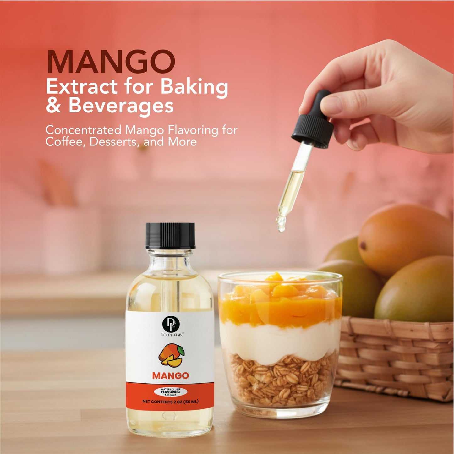 Dolce Flav Mango Extract - 2 Ounce Water-Soluble Multipurpose Flavoring Ideal for Baked Goods, Beverages, Coffee, Desserts & Ice Cream - Mango Essence