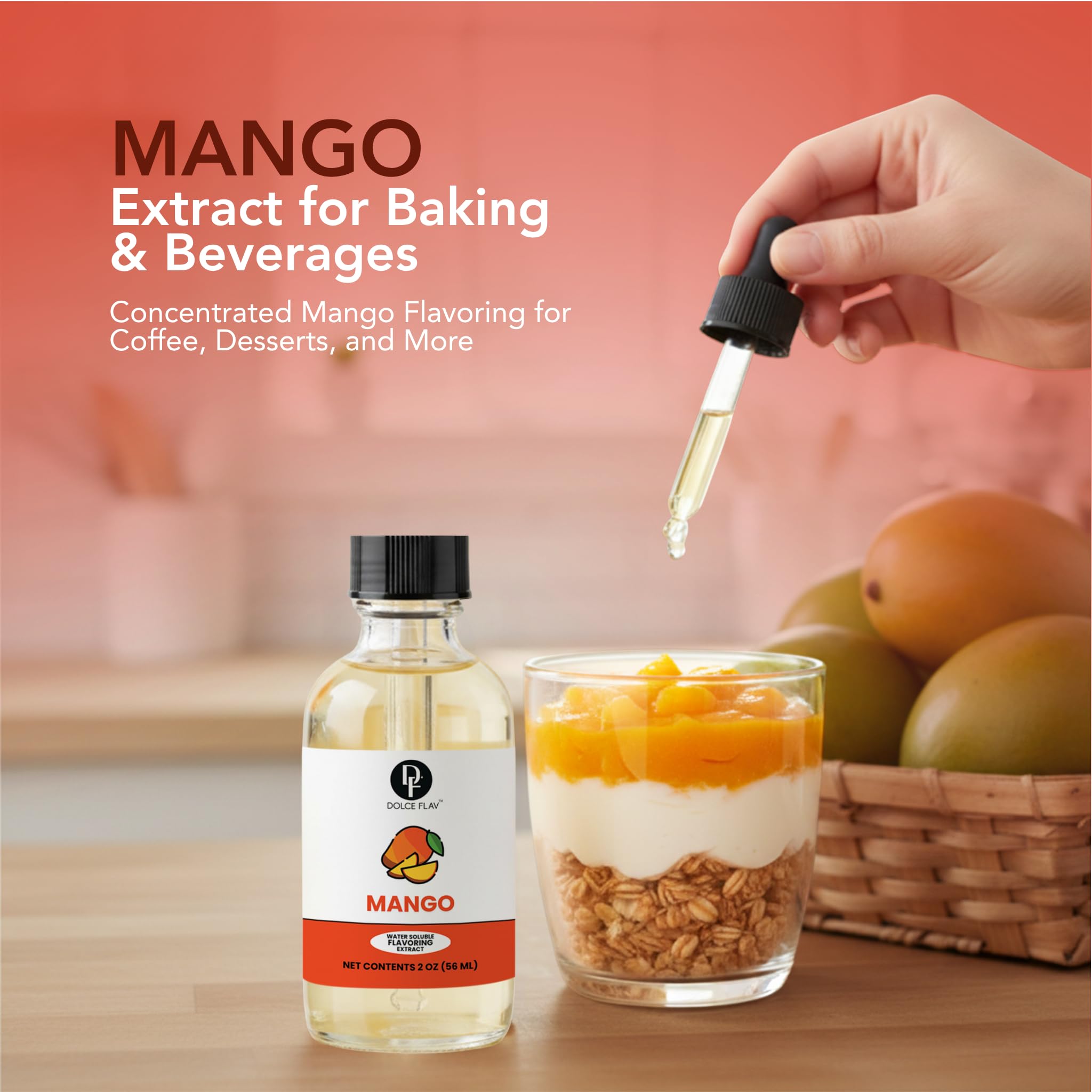 Dolce Flav Mango Extract - 2 Ounce Water-Soluble Multipurpose Flavoring Ideal for Baked Goods, Beverages, Coffee, Desserts & Ice Cream - Mango Essence