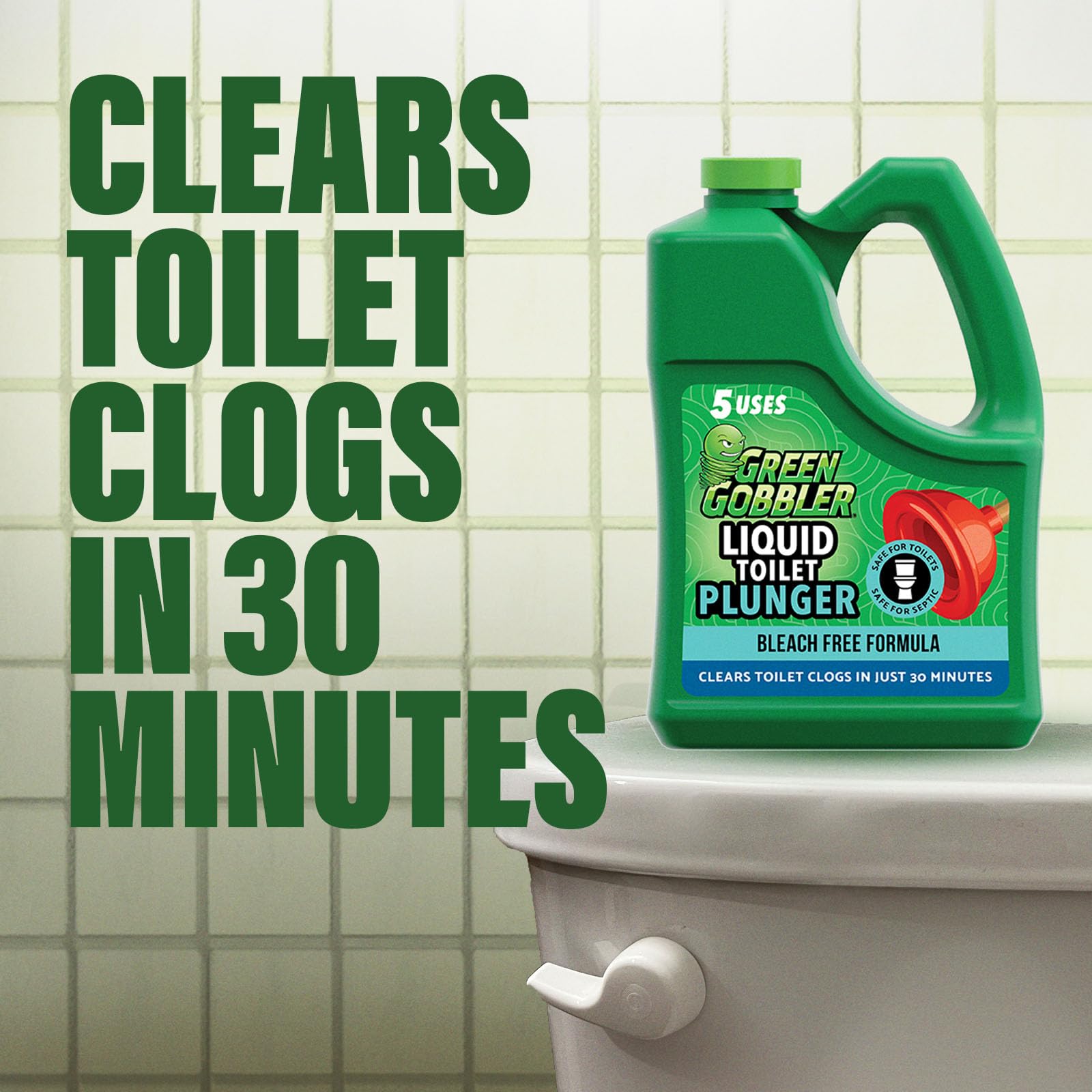 Green Gobbler Liquid Toilet Plunger | Clog Remover | Safe for Toilets and Septic | No Plunger Needed | 5 Uses