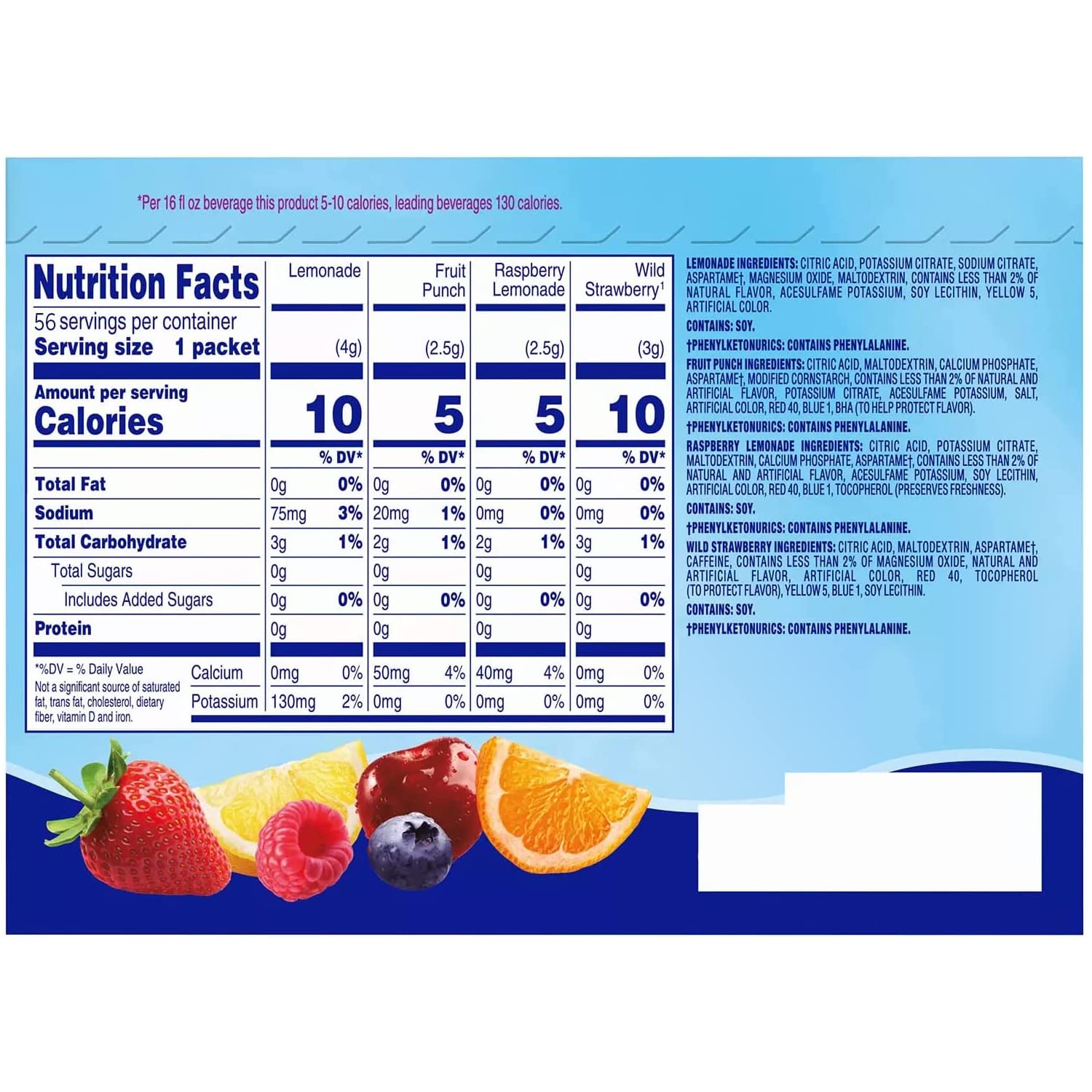 VARIETY PACK Crystal Light Sugar-Free, Lemonade, Fruit Punch, Raspberry Lemonade and Wild Strawberry On-The-Go Powdered Drink Mix Variety Pack, 56