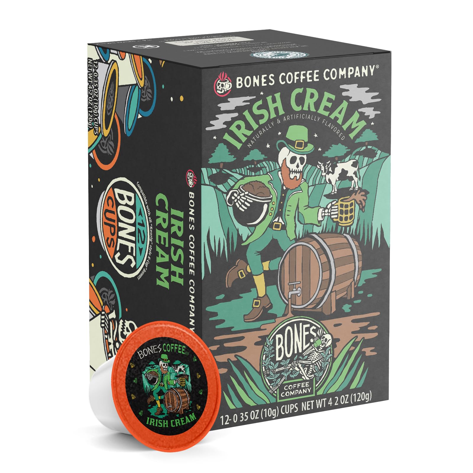Bones Coffee Company Flavored Coffee Bones Cups Irish Cream Flavored Pods | 12ct Single-Serve Coffee Pods Compatible with Keurig 1.0 & 2.0 Keurig