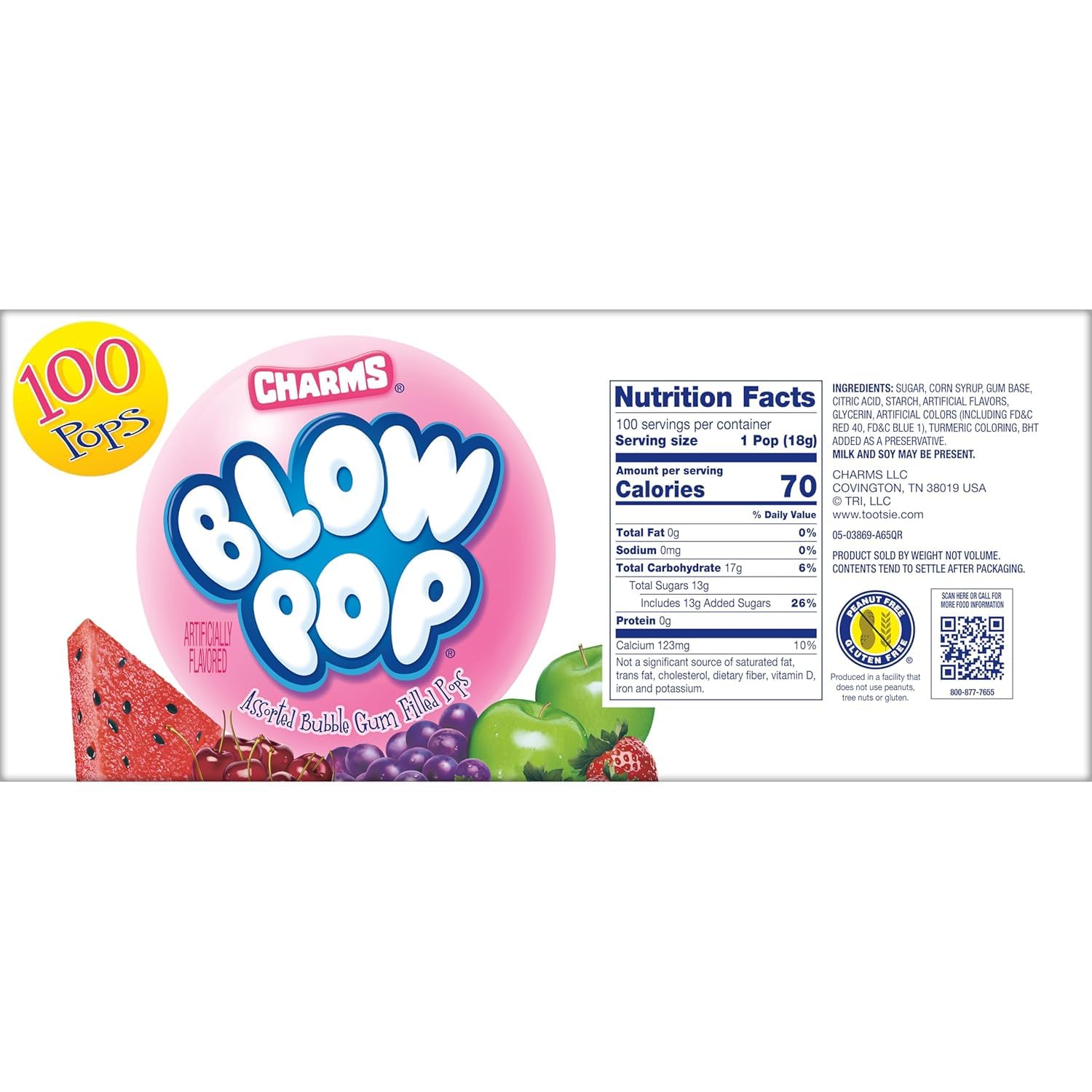 Charms Blow Pop Lollipops - Individually Wrapped Dual Candy and Gum Suckers - Peanut Free, Gluten Free - Bulk Treat for Kids and Adults - Assorted