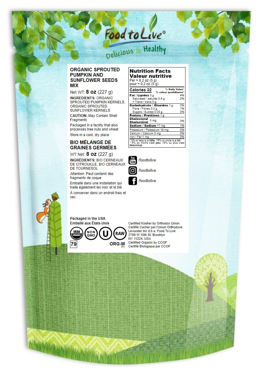 Food to Live Organic Sprouted Seeds Mix, 8 Ounces - Raw & Non-GMO Snack Mix Contains Sprouted Pumpkin and Sunflower Seeds. Vegan Superfood, Kosher