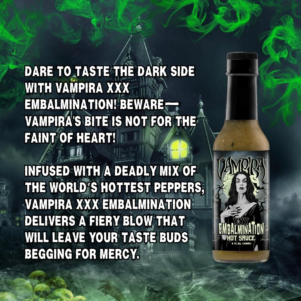 Hellfire Hot Sauce Vampira XXX Embalmination - Green Salsa Verde Gourmet Hot Sauce With Carolina Reaper Peppers, 5 oz.