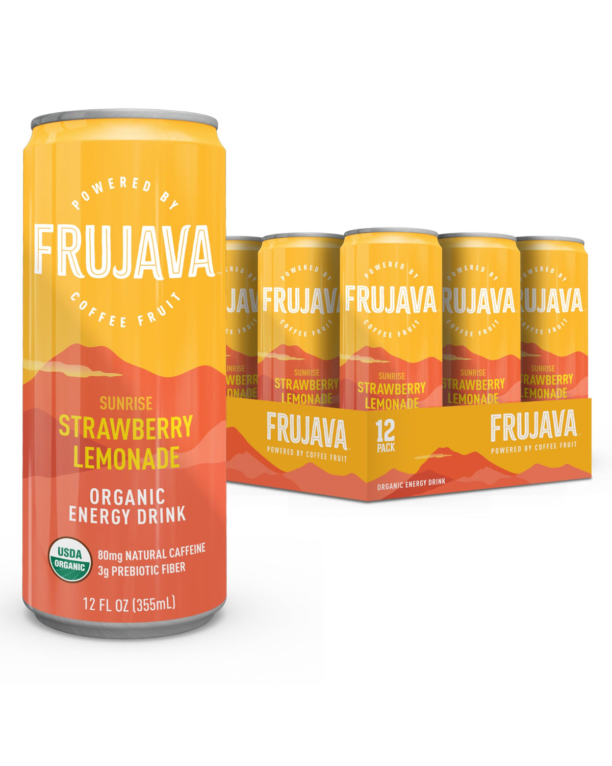 Frujava Organic Energy Drink, Sunrise Strawberry Lemonade, 80mg Natural Caffeine, 3g Prebiotic Fiber, 12oz Can, Powered by Coffee Fruit, Organic, Low