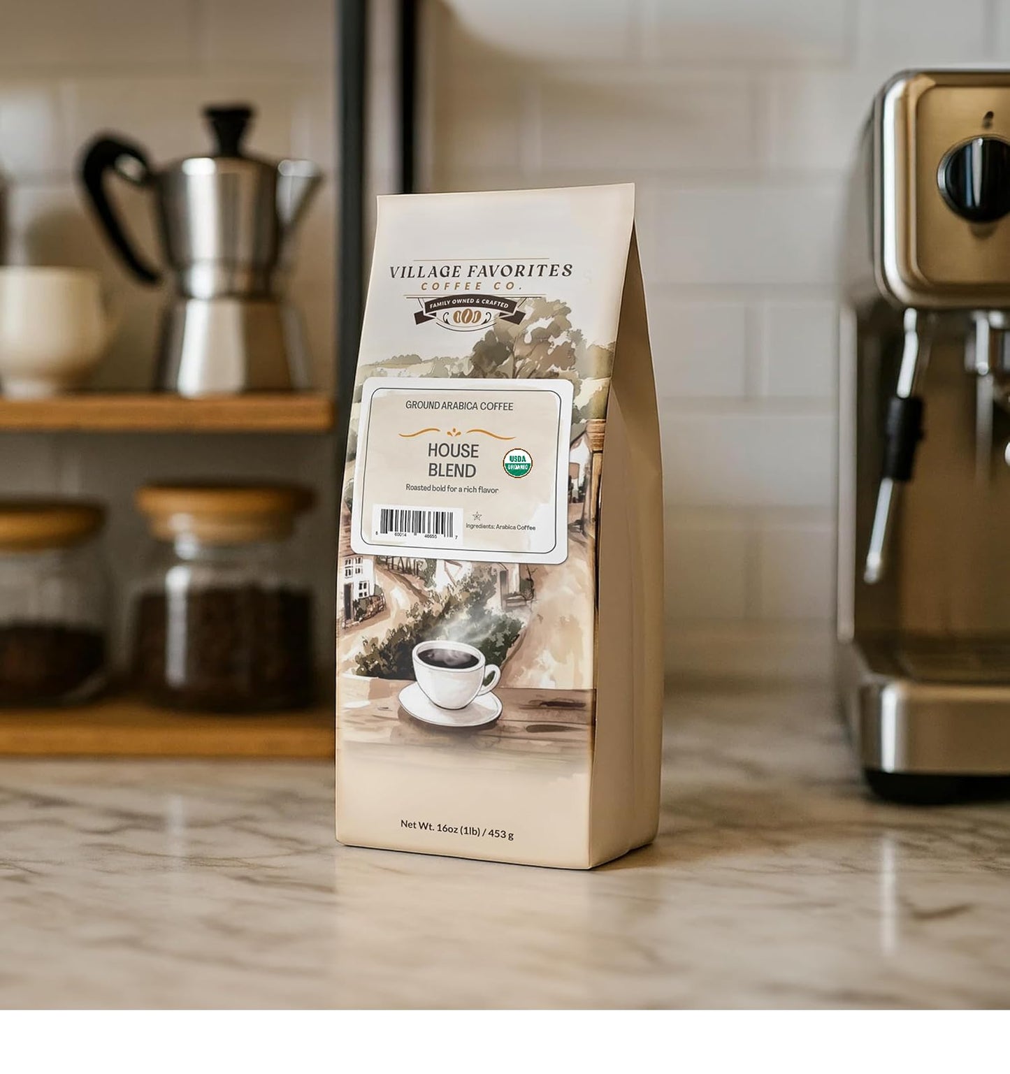 Village Favorites Low Acid Coffee - Mold-Free House Blend, 100% Arabica, Slow Roasted Medium Roast, Smooth & Stomach Friendly, Ground, 1LB (16oz) Bag