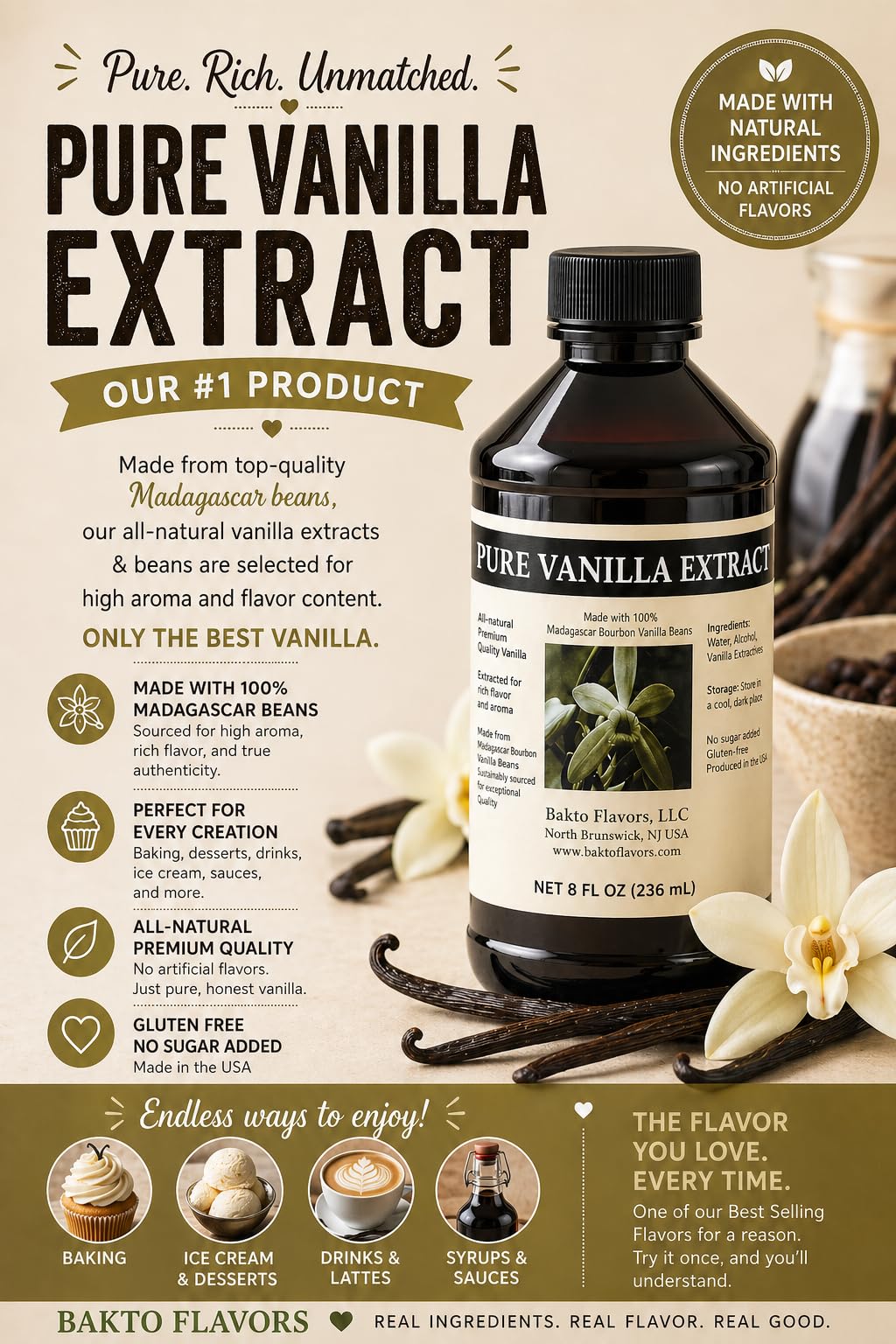 Bakto Flavors Pure Madagascar Vanilla Extract, 8 Ounces