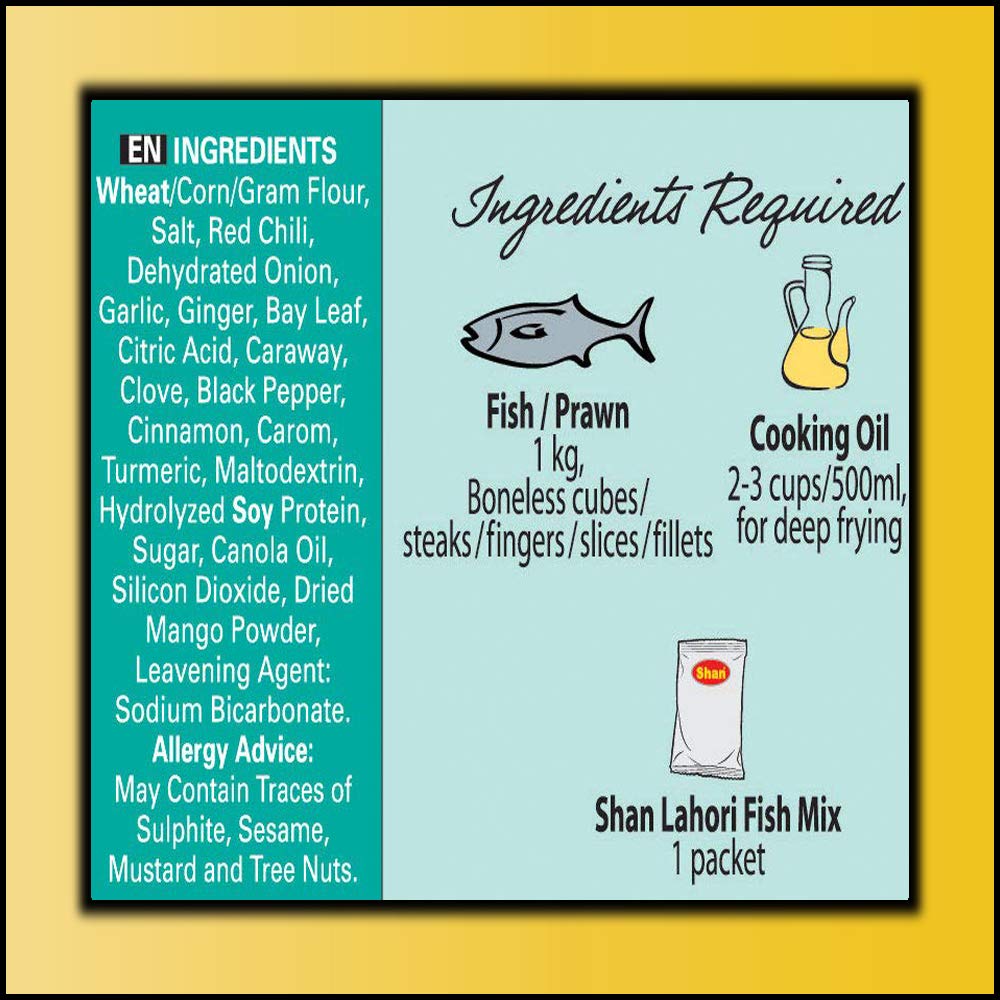 Shan Lahori Fish Recipe and Seasoning Mix 3.5 oz (100g) - Spice Powder for Batter Coated Fried Fish - Suitable for Vegetarians - Airtight Bag in a Box