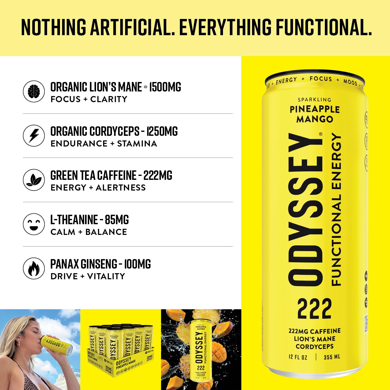 Odyssey Functional Energy Drink for Focus, Cognition & Mood Support 12 Pack - Adaptopgenic Drink with 222mg Green Tea Caffeine, Lion’s Mane