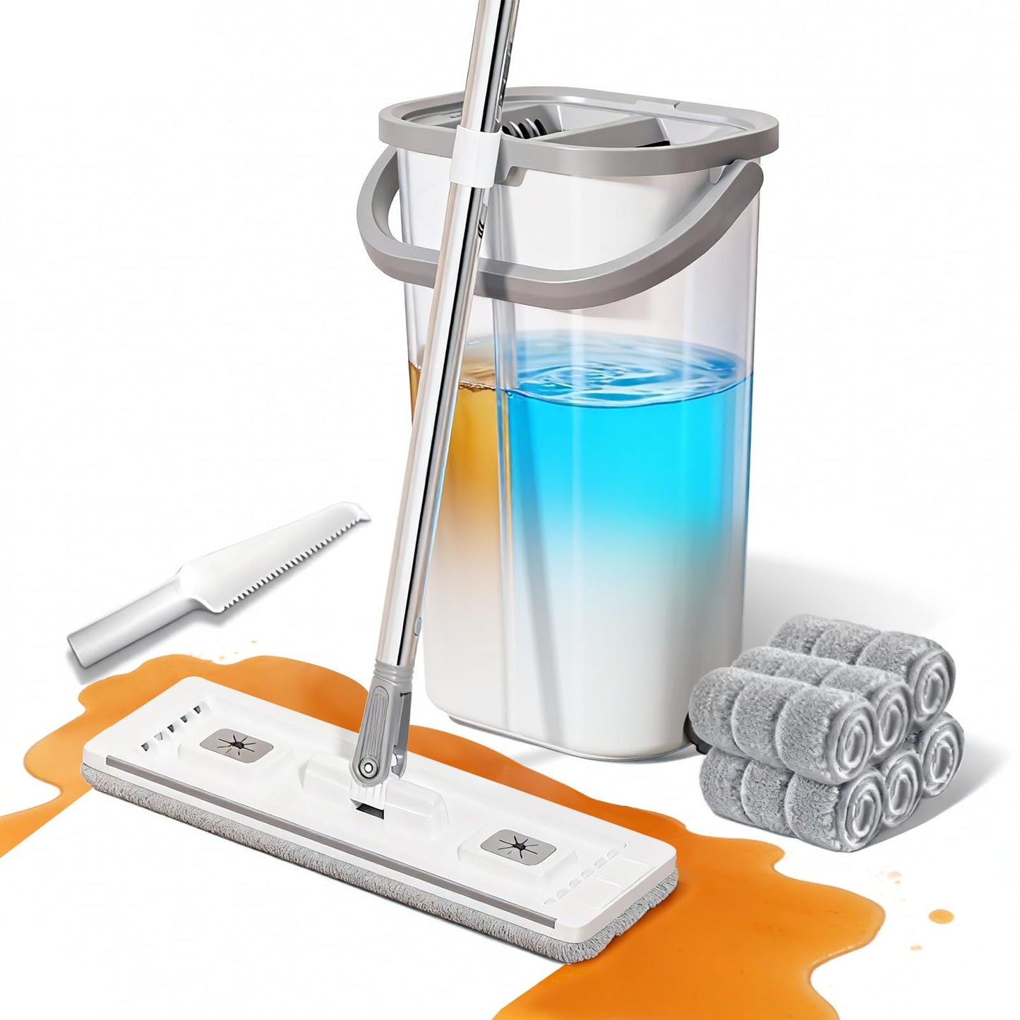 ZJSYJJ Mop and Bucket Set: 360° Flat Squeeze Mop with Long Handle & Wringer Bucket, 6 Washable Microfiber Pads for Kitchen, Bathroom, Wall Cleaning