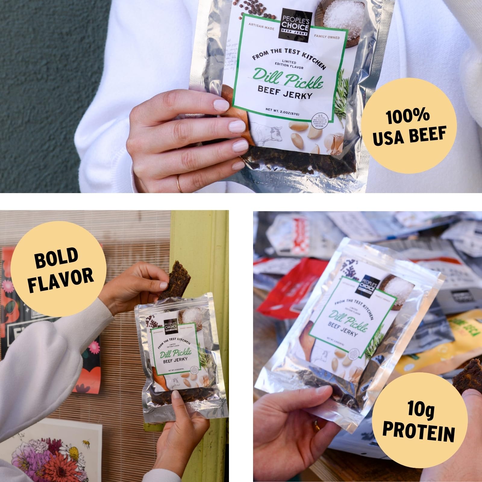 People’s Choice Beef Jerky - Test Kitchen - Dill Pickle - Dry Texture - 13g Protein - Made in USA - 1 Pound (16 oz) Bag