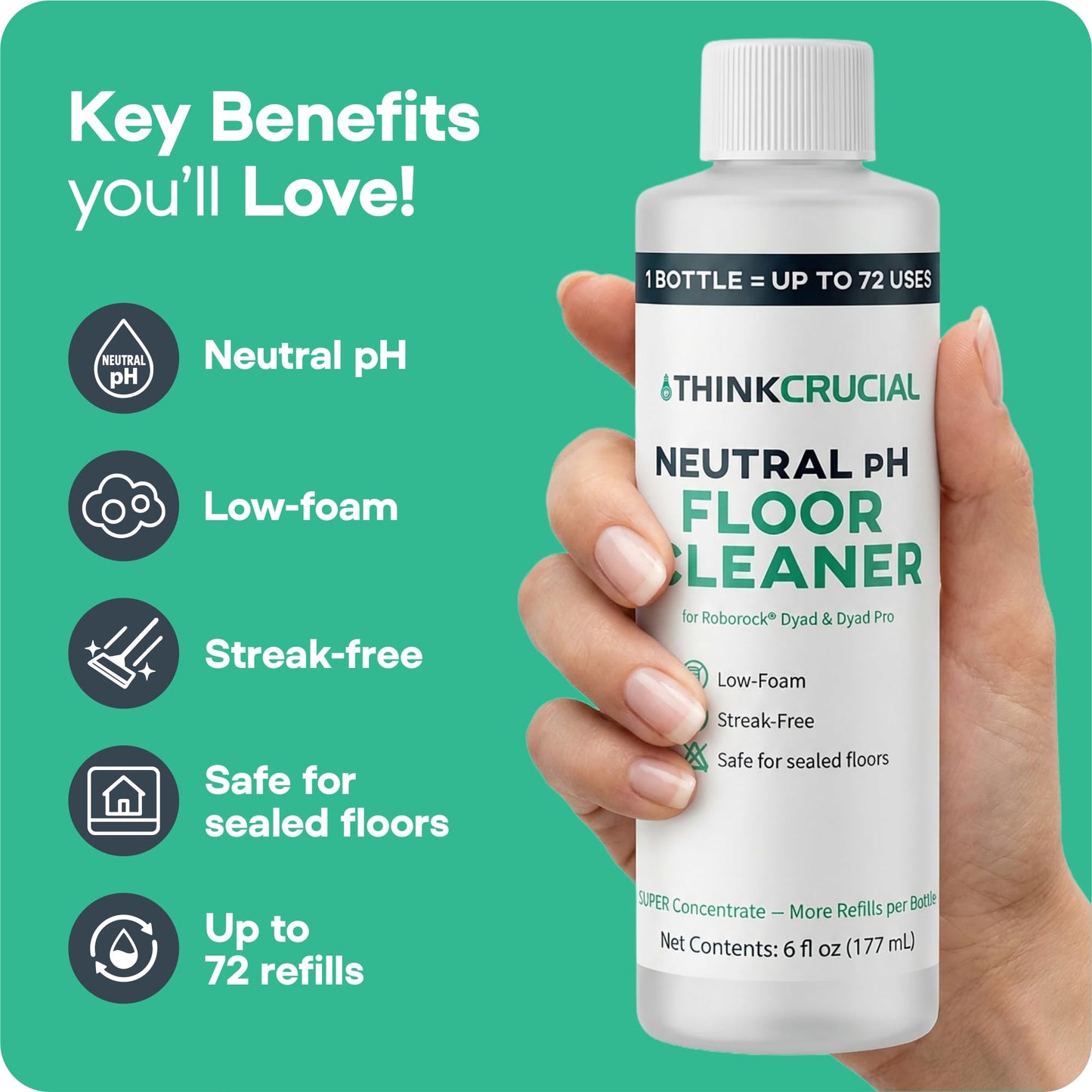 Think Crucial 72x Uses SUPER Concentrate Compatible with Roborock® Dyad & Dyad Pro - 6 oz Neutral pH Multi-Surface Floor Cleaning Solution
