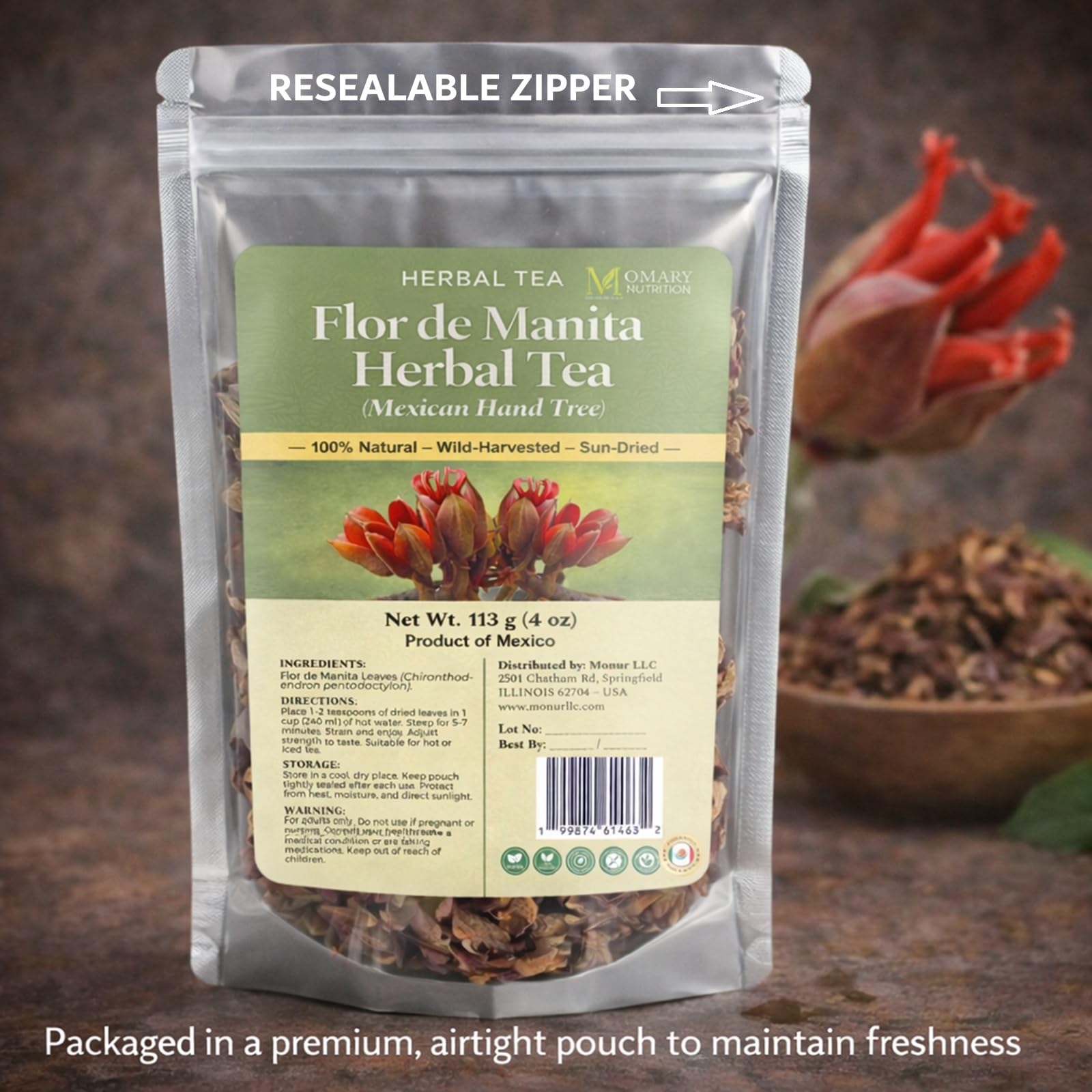 Flor de Manita Herbal Tea - Mexican Hand Tree (Chiranthodendron pentadactylon) - Net Wt. 113g (4oz) - 100% Natural, Sun-Dried, Wildcrafted