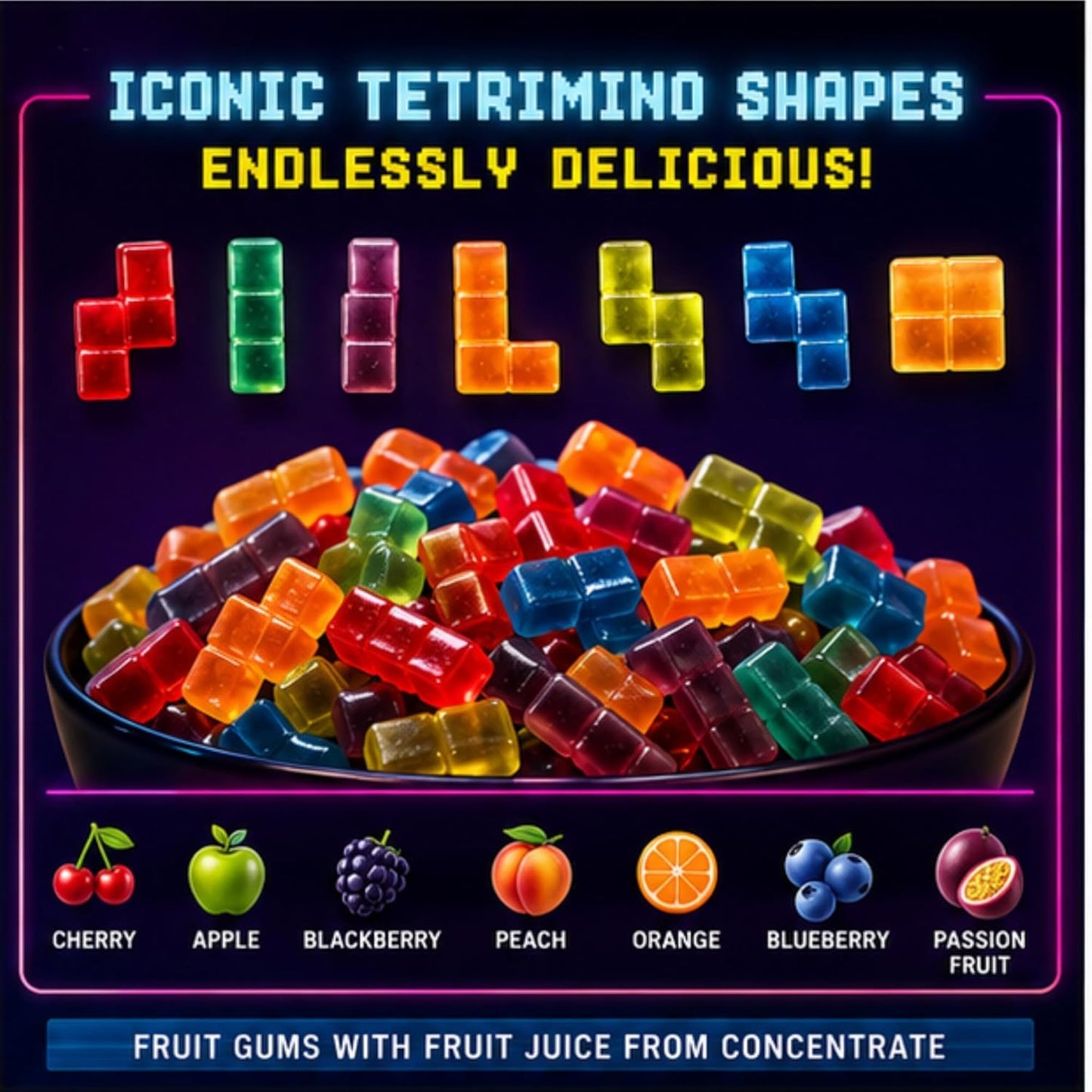 Fandom Snacks TETRIS™ Gummies, 4.4 oz - Officially Licensed TETRIS Candy, 7 Natural Flavors, Made with 20% Fruit Juice Concentrate, Tetrimino Shapes