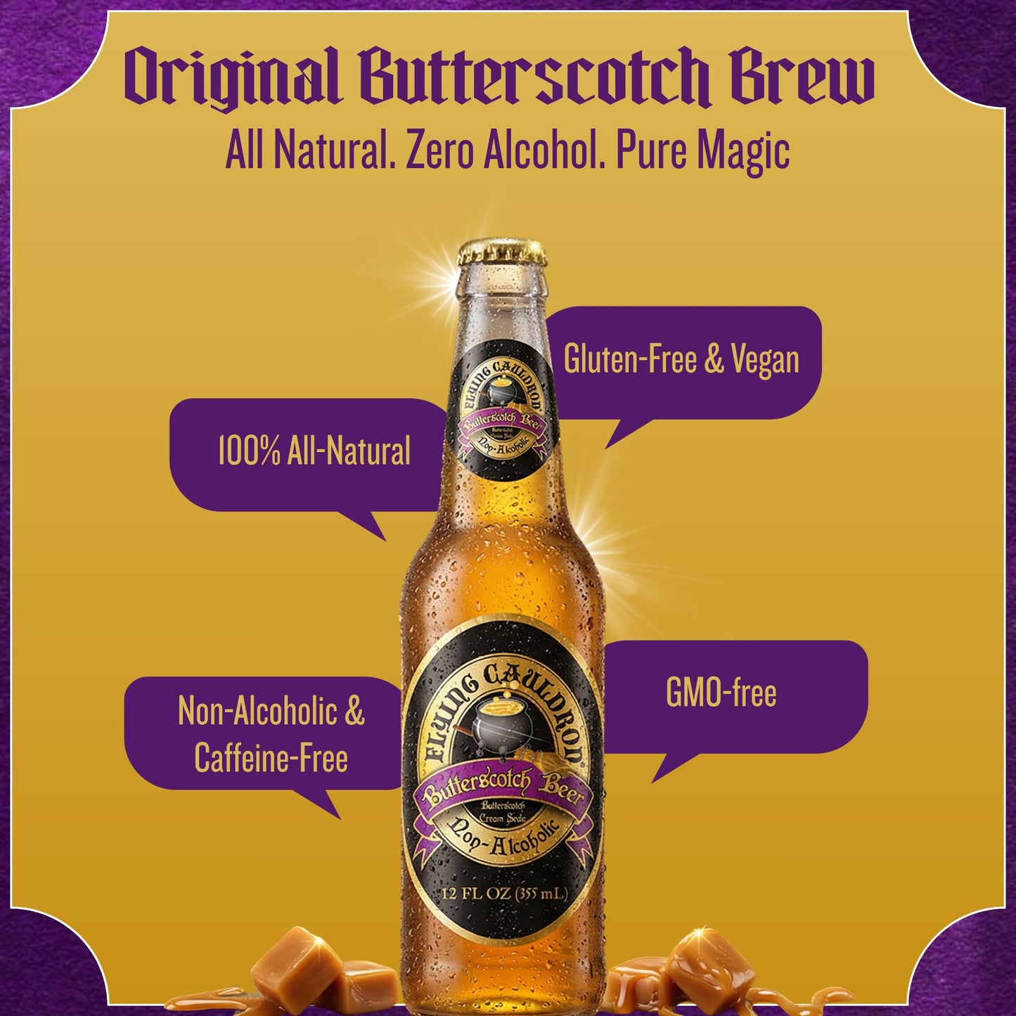 Flying Cauldron Butterscotch Beer Bottle, Pack of 12 (12 fl oz each) - Non Alcoholic Butterscotch beer made with Cane Sugar - Exotic Soda Ideal