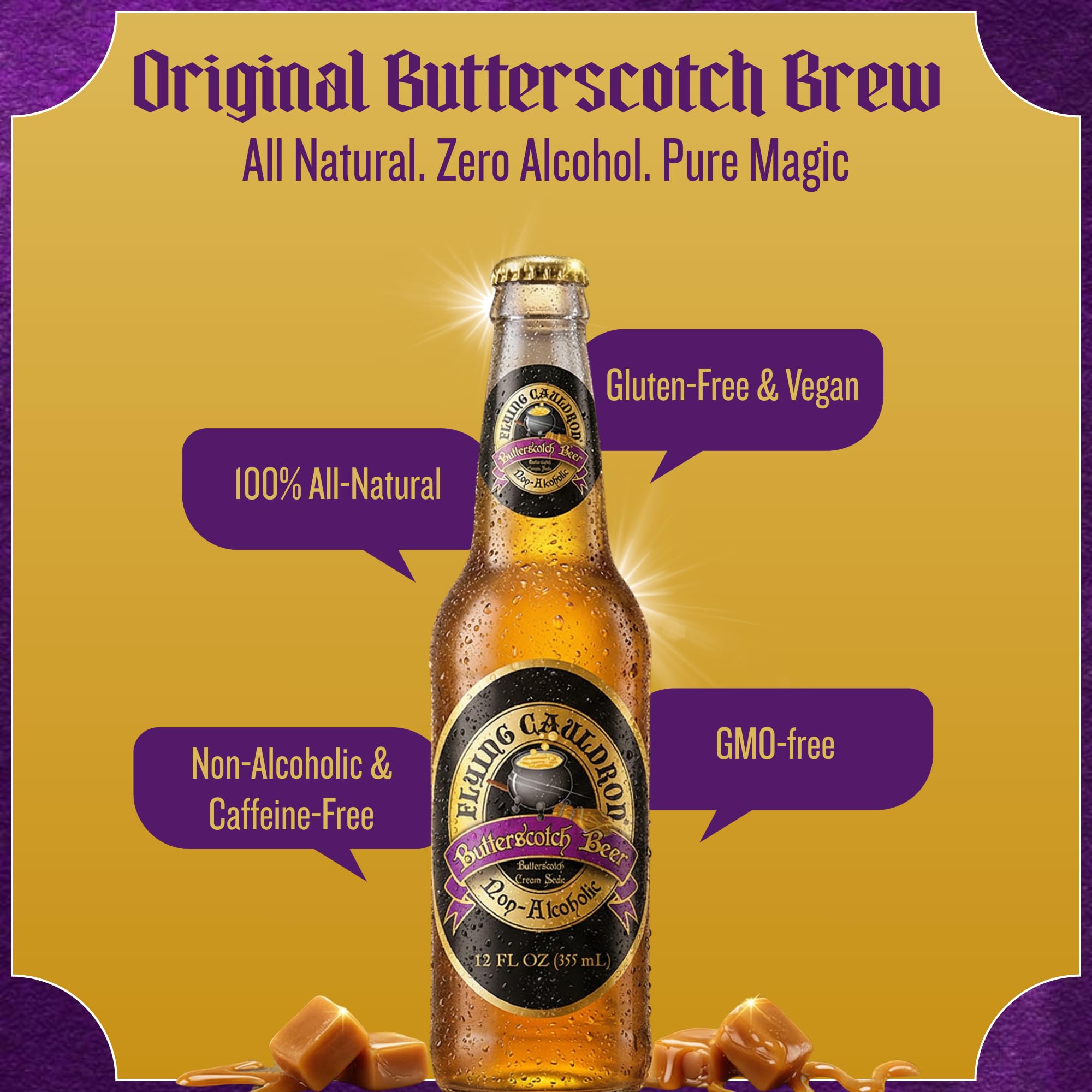 Flying Cauldron Butterscotch Beer Bottle, Pack of 4 (12 fl oz each) - Non Alcoholic Butterscotch beer made with Cane Sugar - Exotic Soda Ideal for All