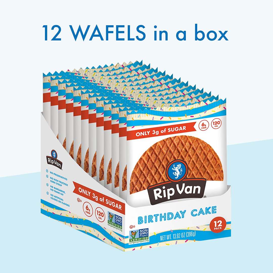 Rip Van Wafels Birthday Cake Stroopwafels - Healthy Snacks - Non GMO Snack - Keto Friendly - Office Snacks - Low Sugar (3g) - Low Calorie Snack - 12