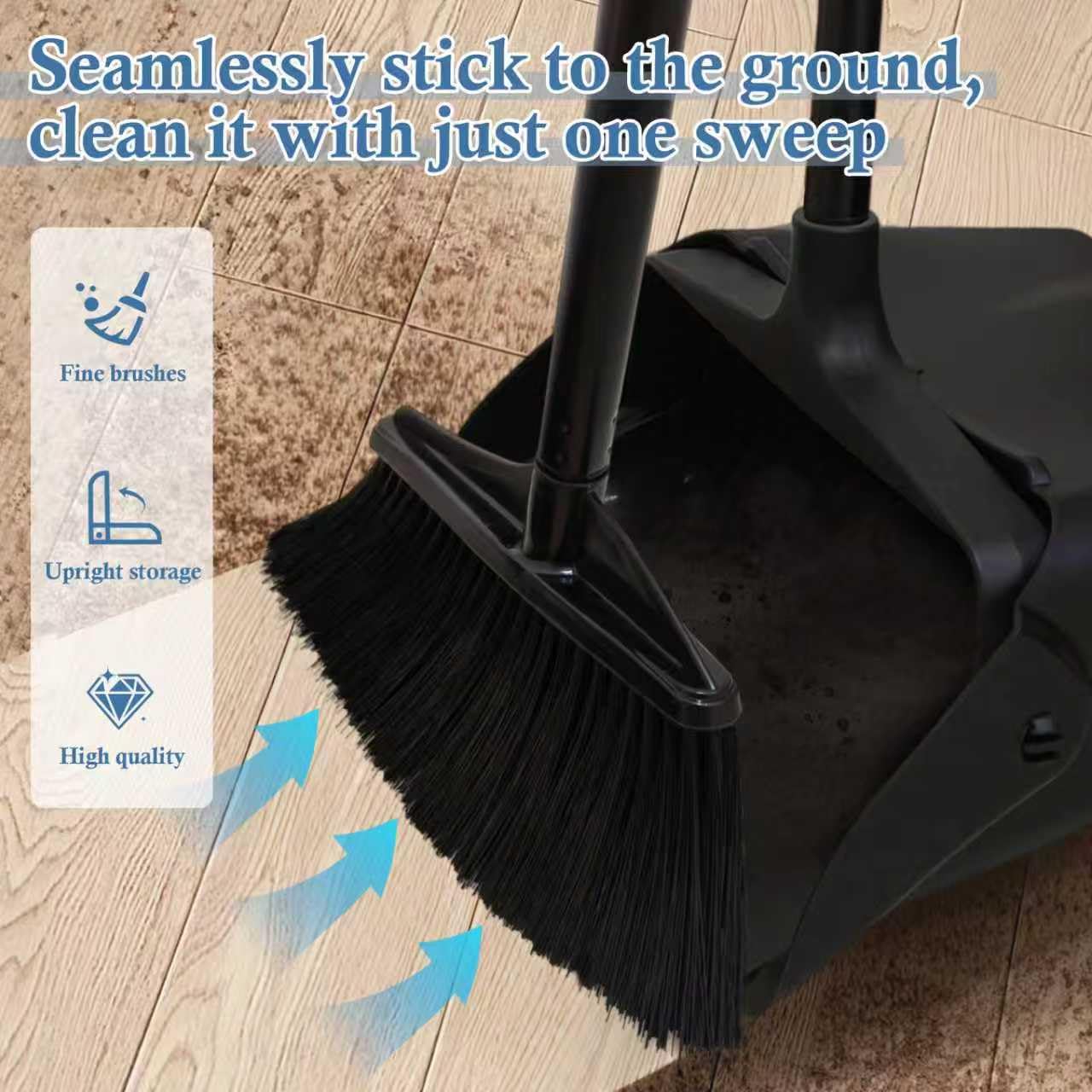 Primero Basics Broom and Dustpan Set with Long Handle and Wheels, Upright Standing Heavy Duty Large Dust Pan and Broom Combo for Indoor Outdoor