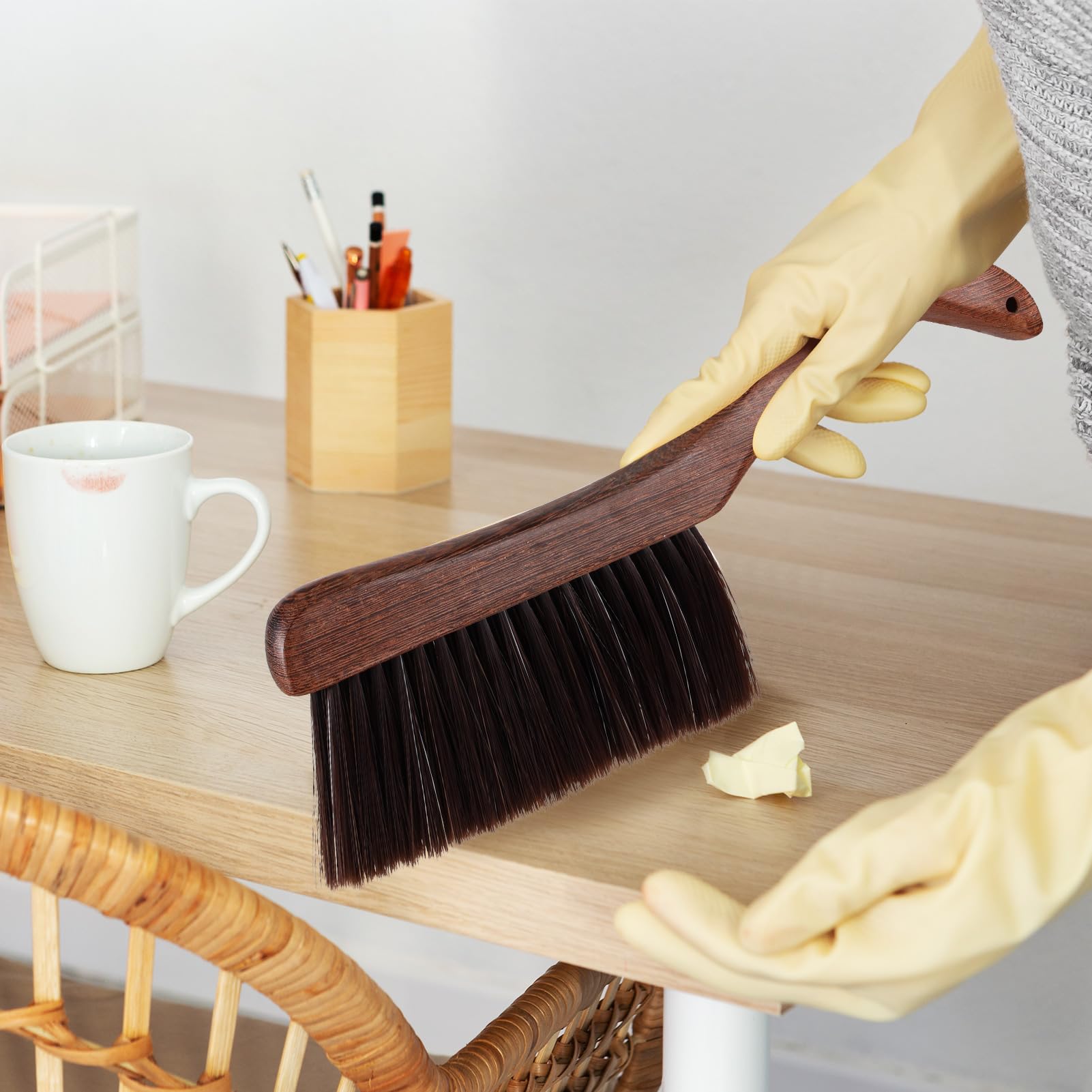 3 Pcs Wooden Hand Broom Set Counter Duster Dusting Bench Brushes Long Soft Bristles Handle Detail Brushes for Fireplace Car Home Bed Sofa Clothes