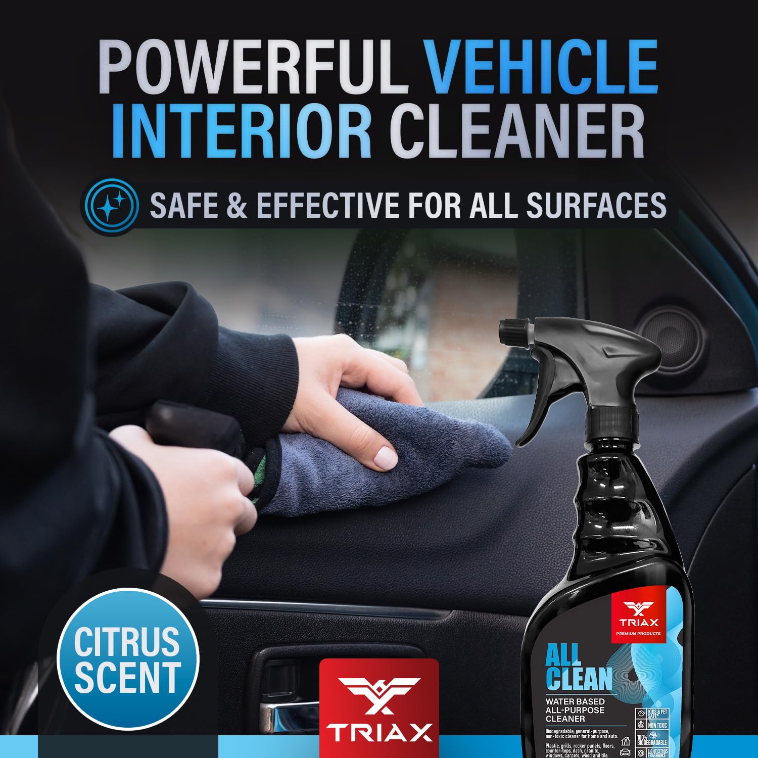 Triax Automotive All Purpose Cleaner, Biodegradable, Non-Toxic, Water-Based | Citrus Scent, Professional Strength, Multi-Surface | All Clean for Car