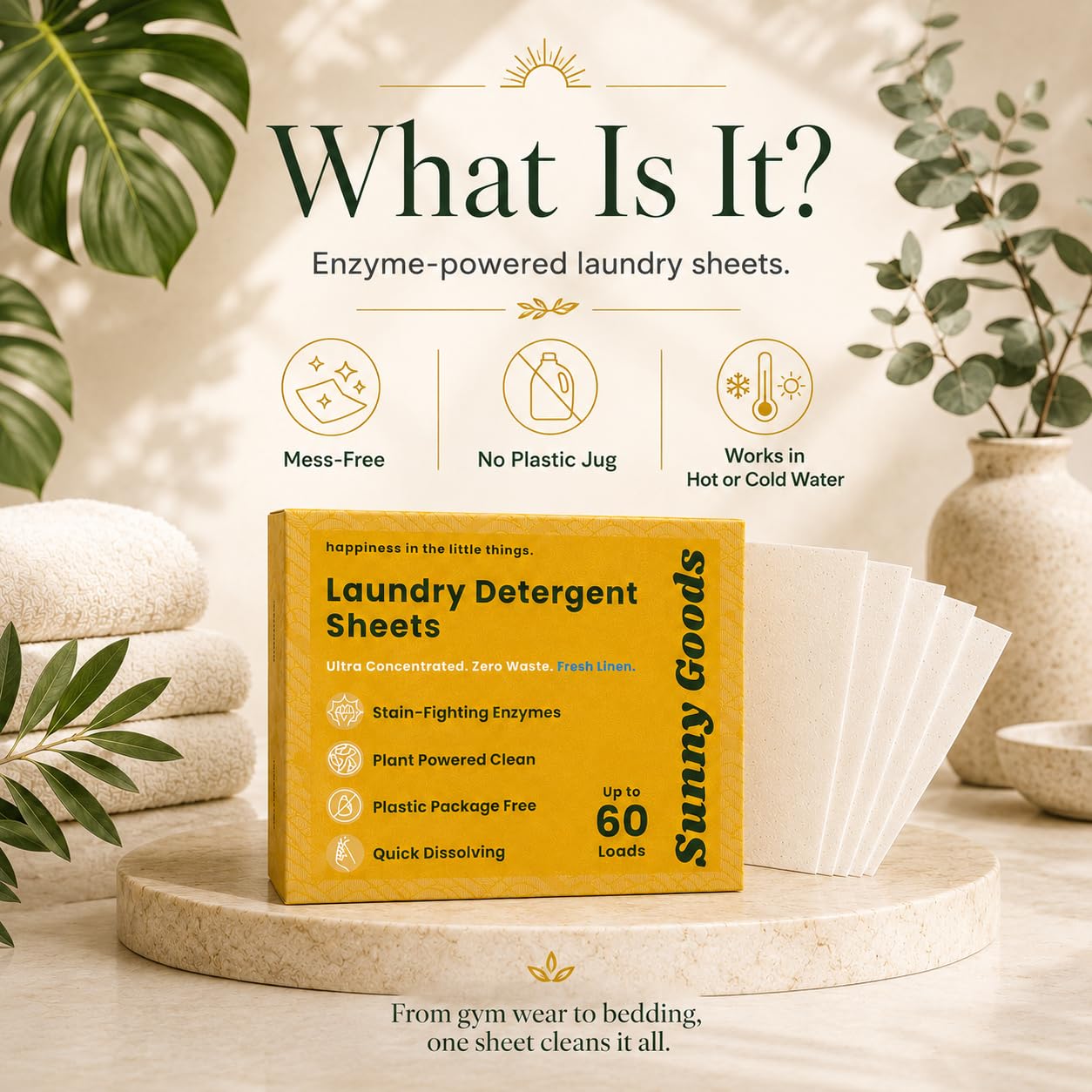 Sunny Goods Laundry Detergent Sheets with Plant Powered Stain-Fighting Enzymes - 60 Loads - Concentrated Liquidless Laundry Soap Sheets - Home