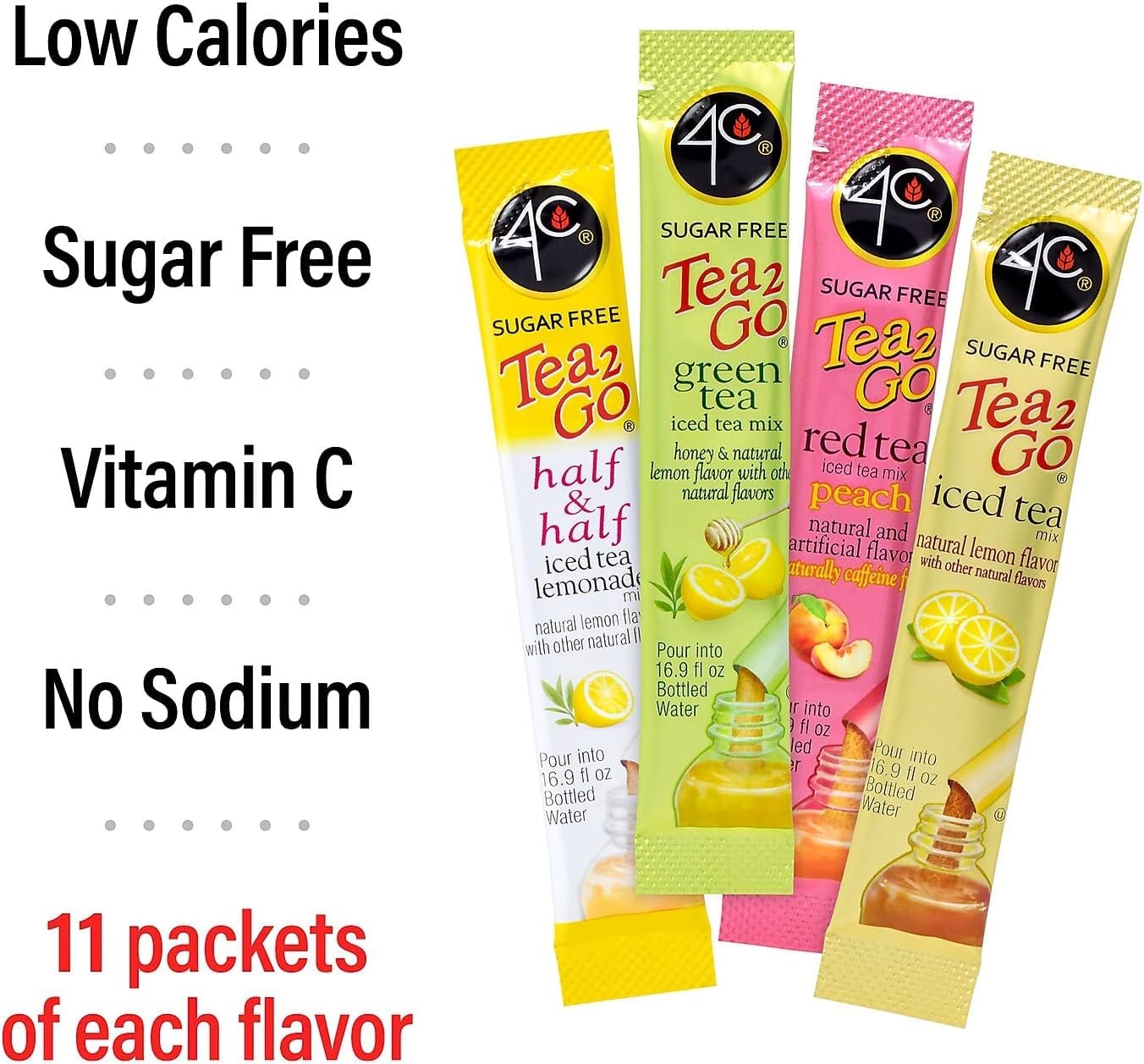 4C Powder Drink Mix Packets, Iced Tea Variety 1 Pack, 44 Count, Singles Stix On the Go, Refreshing Sugar Free Water Flavorings