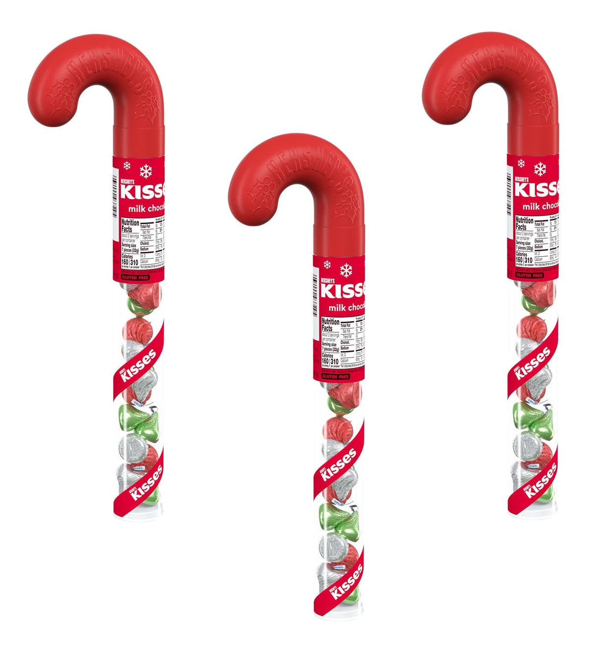 Hershey Kisses Filled Candy Cane Tubes - Pack of 3 - Great for Stocking Stuffers and Sharing with Friends and Family this Holiday Season