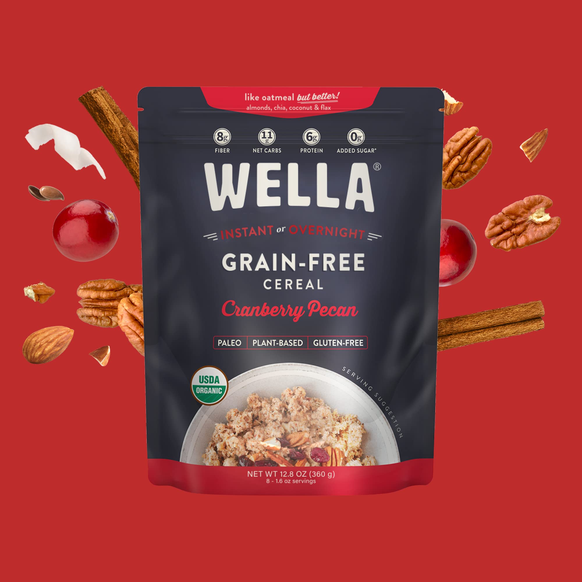 Wella Cereal Oatmeal Alternative, Gluten-Free Breakfast Hot Cereal, Grain-Free Paleo Organic Vegan High Protein Superfood, Plant-Based Non-GMO, Low in