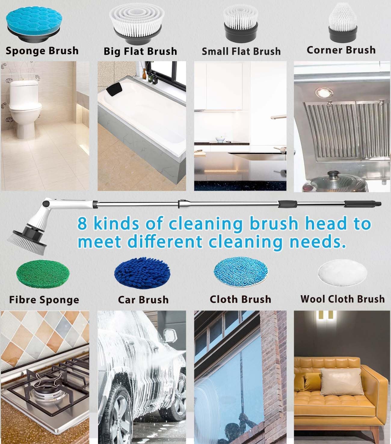 Electric Spin Scrubber, 8 in 1 Electric Cleaning Brush, Cordless Rechargeable Scrub Brush with 8 Replaceable Brush Heads, Adjustable Length and Angle
